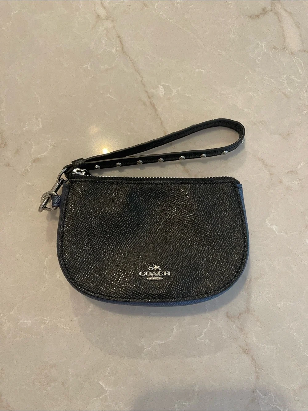 Coach Black Textured Leather Wristlet with Silver Logo